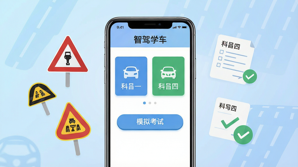 һ��չʾ�Ǽ�ѧ���ֻ�Ӧ�ý���ĳ���ͼ������������һ�����������ֻ�����Ļ����ʾ�Ǽ�ѧ��APP����ҳ��������Ŀһ����Ŀ�������ں�ģ�⿼�԰�ť���ֻ�����Ư���Ž�ͨ��־ͼ�ꡢ���⿨��Թ����ţ�����Ϊǳ��ɫ���䣬������ñ�ƽ��UI���ϸ�����������ʸɾ����޶���Ԫ��