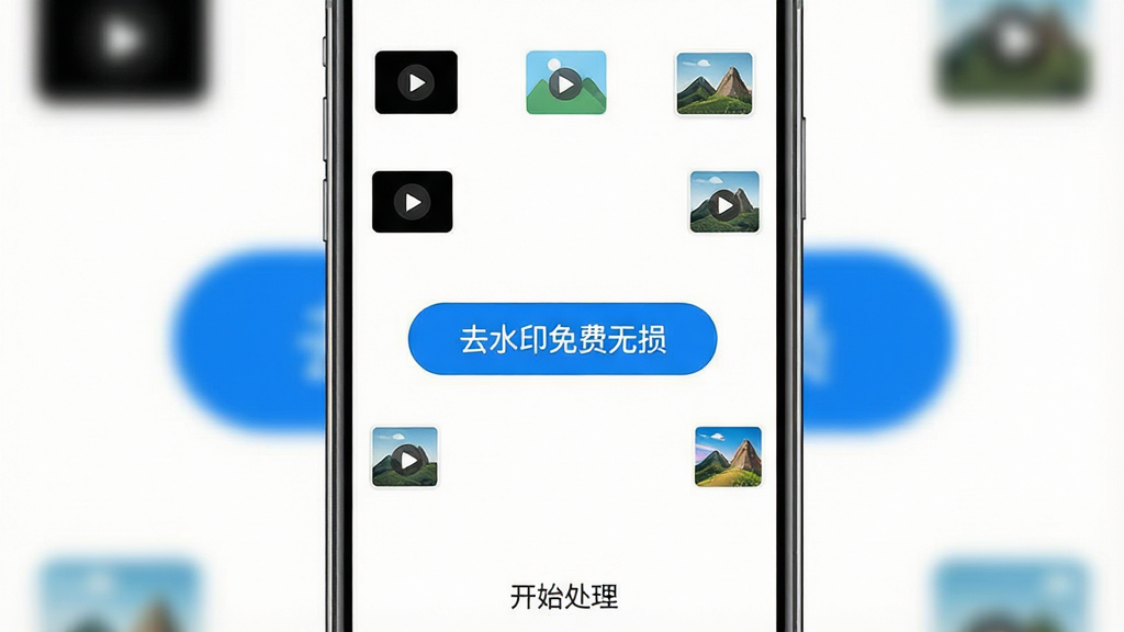 一张手机屏幕展示去水印免费无损软件主界面,画面中央是简洁的白色背景与蓝色按钮,按钮上写着“去水印免费无损”,周围环绕视频与图片的小图标,下方有“开始处理”字样,整体布局居中对称,风格清新简约,细节干净,画质高清,无多余元素
