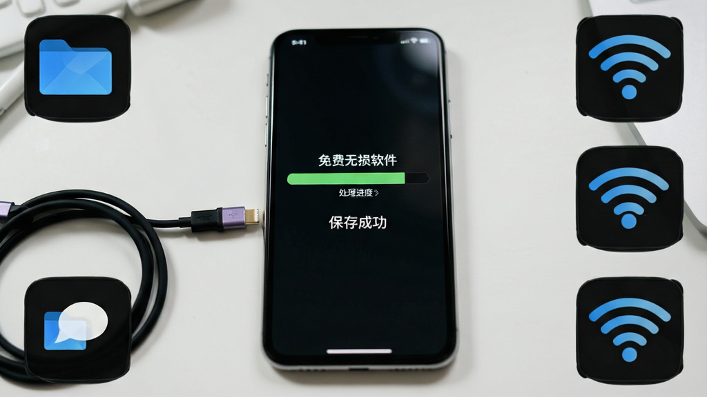一部手机屏幕显示去水印免费无损软件的处理进度条与“保存成功”提示,旁边有充电线与WiFi图标,布局手机居中、图标点缀四周,风格生活化,细节清晰,画质高清,无多余元素