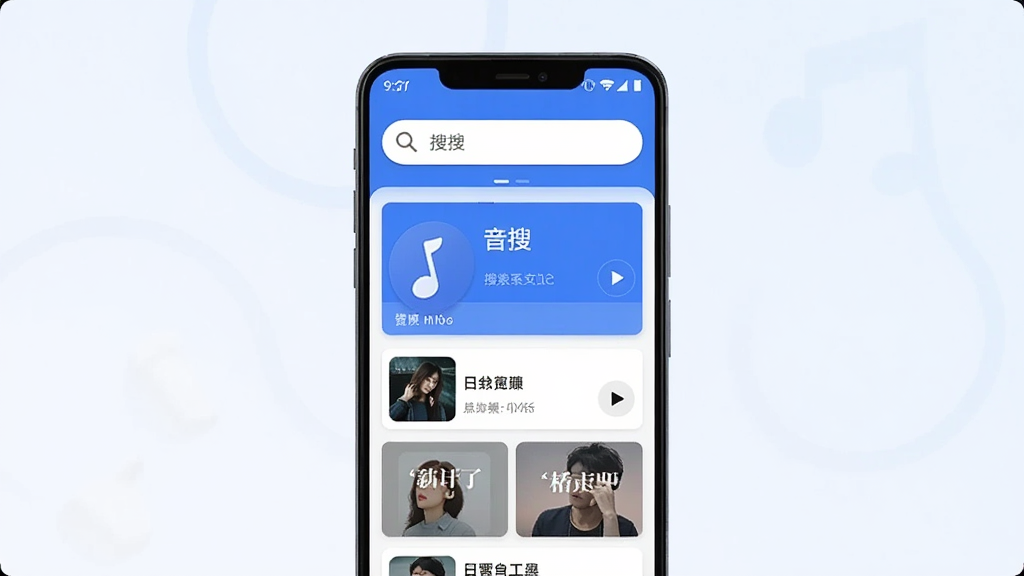 画面主体是一部竖屏安卓手机,手机屏幕上显示音乐搜索应用界面,顶部搜索框内有音符图标,下方排列多首歌曲卡片,整体布局简洁清晰,采用扁平化UI风格,配色以蓝白为主,细节包括搜索图标、播放按钮、歌曲封面缩略图,画质干净清晰,无多余元素,背景为浅色渐变,画面中可加入文字“音搜”作为应用标题