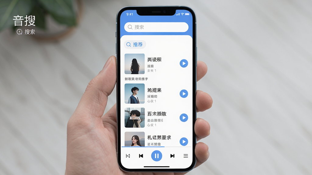 画面主体为一部手机展示应用首页,页面顶部为搜索框,中部为歌曲推荐列表,底部为播放控制条,布局上下结构清晰,风格为清新浅色扁平化,配色白蓝为主,细节包括搜索图标、歌曲封面、播放按钮,画质干净清晰,无多余元素,画面中可加入文字“音搜”