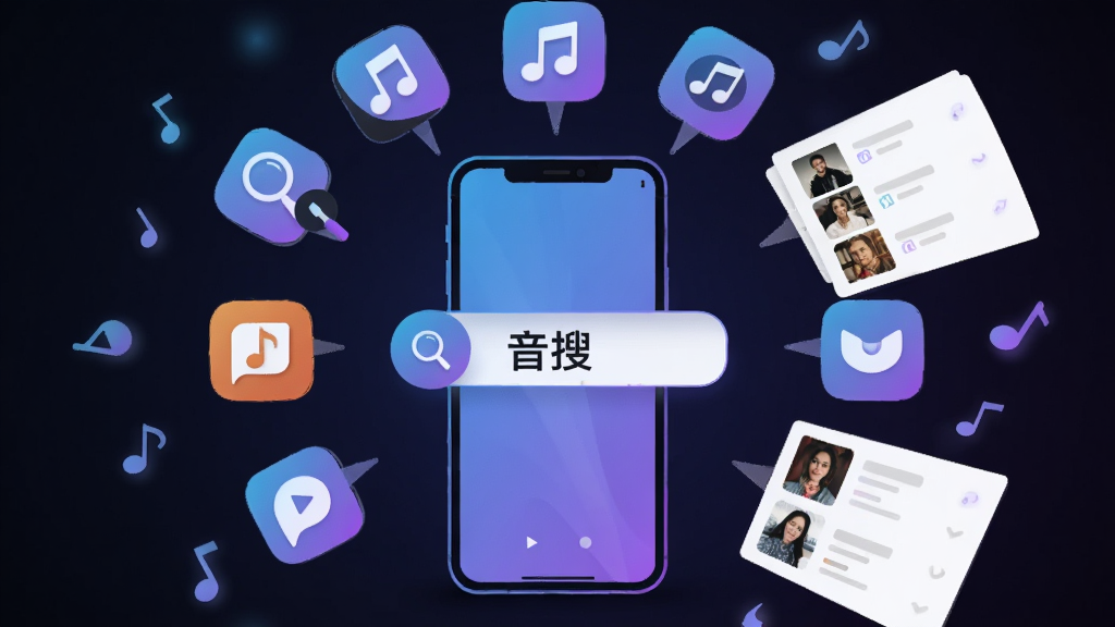 画面主体为一部手机和多个音乐平台图标围绕成环形,手机位于中央显示搜索框,搜索框内写着“音搜”,布局呈放射状,风格为扁平化科技感,配色蓝紫渐变,细节包括音符符号、放大镜图标、歌曲列表悬浮卡片,画质干净清晰,无多余元素,背景为深色渐变