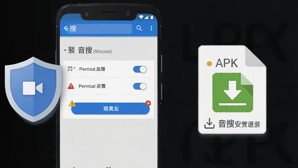画面主体为一部安卓手机屏幕显示安装权限设置界面,旁边有盾牌图标和下载完成的APK文件图标,布局左右对比,风格为扁平化安全提示风,配色蓝白灰,细节包括权限开关、安装按钮、警告三角图标,画质干净清晰,无多余元素,画面中可加入文字“音搜”