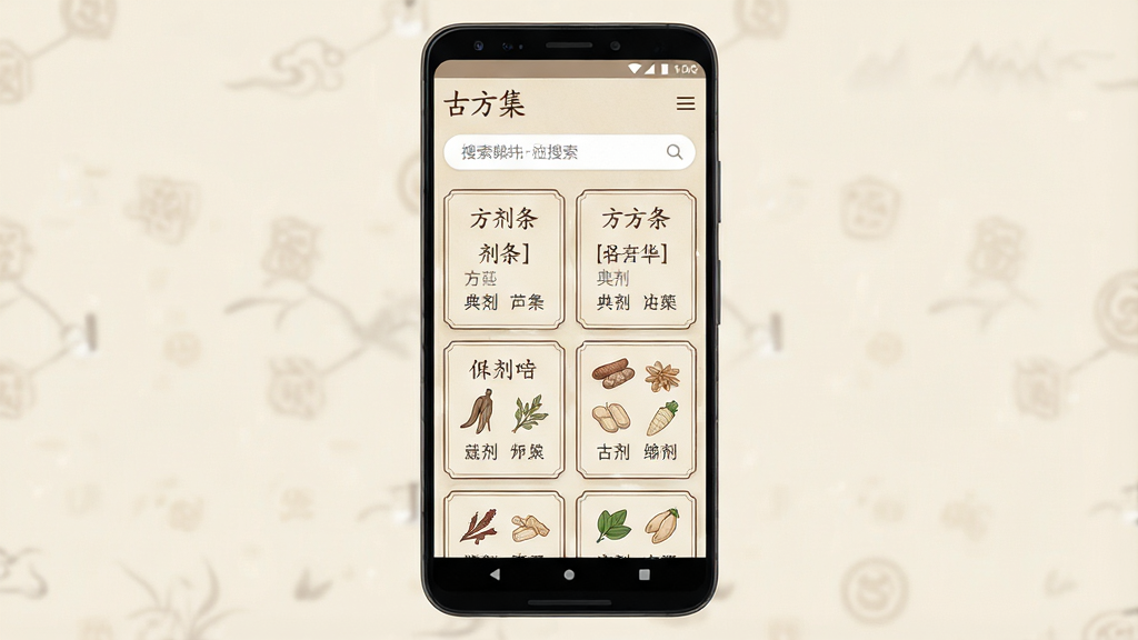 һ�������ֻ�Ӧ�ý���չʾͼ��������һ����׿�ֻ�����Ļ�ڳ��ֹŷ���������ҳ��ҳ�涥��Ϊ�ŷ������������������в�Ϊ�ŷ��伮���࿨Ƭ������������Ŀ��ҩ��ͼ�꣬����Ϊ���½ṹ���Ű������������Ϊ�����й��磬ϸ�ڰ���ǳ��ɫ����������ɫ���֡�ϸ�߿�Ƭ�����ʸ���ɾ��޶���Ԫ��
