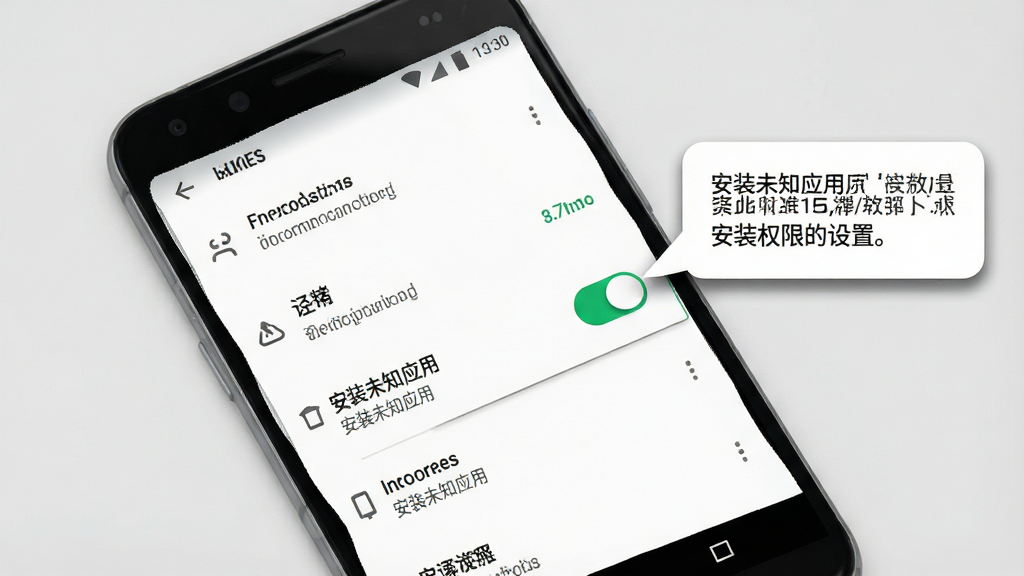 一张展示安卓手机应用安装权限设置界面的示意图,画面为手机屏幕特写,屏幕内显示系统设置中的“安装未知应用”权限开关页面,开关处于开启状态,旁边有提示文字气泡,手机斜放在浅灰色背景上,布局为手机居中放大、气泡指向开关位置,风格为简洁教程图示风,细节包含设置项列表、开关高亮和气泡阴影,画质清晰,干净,无多余元素