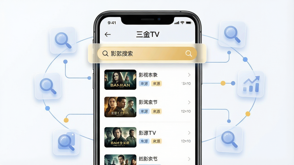 一张展示影视聚合搜索功能的界面示意图,画面主体是一部智能手机,屏幕显示“三金TV”搜索页面,搜索框内输入了影视名称,下方列出多个搜索结果条目,每条结果带有封面缩略图、片名和来源标签,手机周围漂浮着几个半透明的搜索图标和数据节点连线,布局为手机居中、元素环绕,风格为科技感扁平插画风,细节包含搜索框高亮、结果列表分层和图标光影,画质清晰,干净,无多余元素