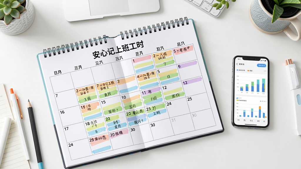 һ�Ű칫������ͼ��������̯��һ�������������ϱ�ע�ˡ����ļ��ϰ๤ʱ���Ŀ�����ɫ��ǣ��Ա߷����ֻ���ʾͳ��ͼ�����������������ϸ�ڷḻ�����ʸɾ�