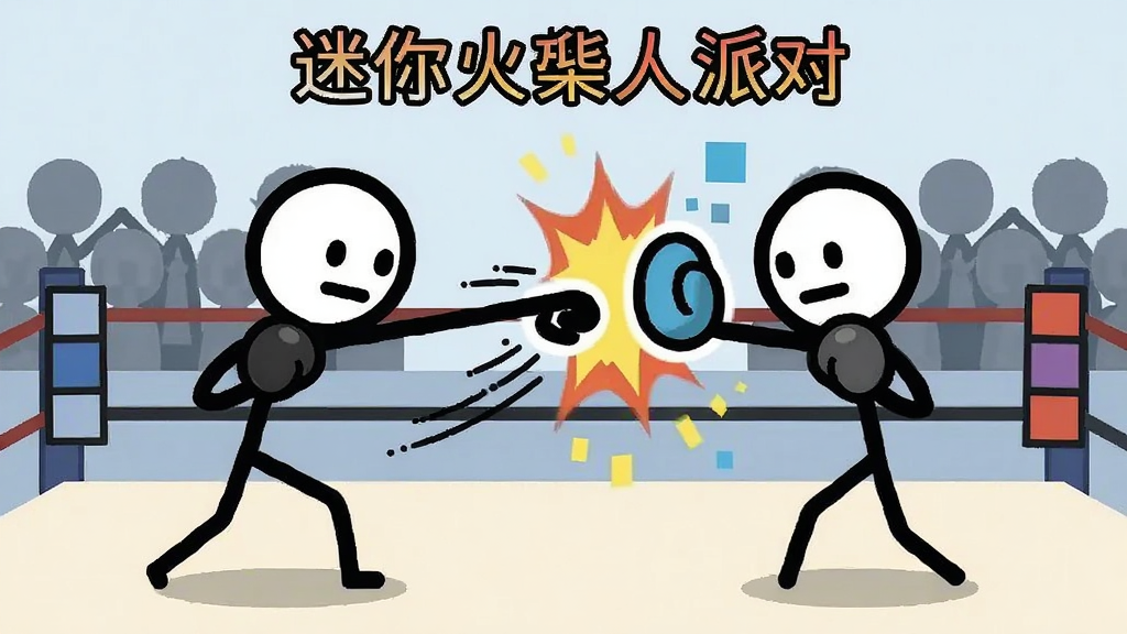 画面为一场迷你火柴人对战场景,左侧一名火柴人正在出拳,右侧火柴人做出格挡姿态,背景是简洁的擂台与观众席剪影,布局采用左右对称构图,风格为卡通扁平插画,细节上动作线条流畅、打击特效以简单色块表现,画质干净清晰,无多余元素,画面中可出现