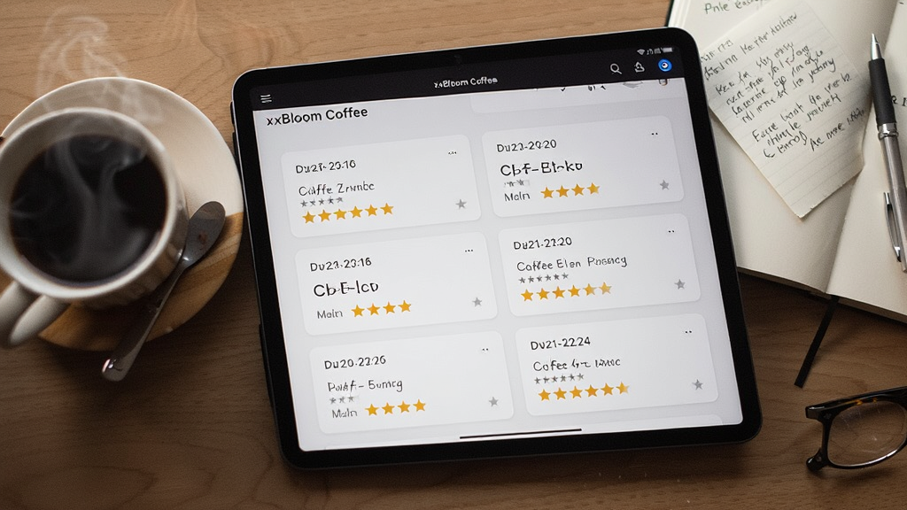 ��������Ϊƽ�������Ļ��ʾxBloom Coffee�����ĳ����¼�б���������¼�Կ�Ƭ��ʽ���У�ÿ�ſ�Ƭ�������ڡ����ȶ��������ζ�����Ǽ�������Ϊ�鷿���滷�����Ա߷��ſ��ȱ���ʼǱ������ֲ��ø����ӽǣ��Ű��������򣬷��Ϊ���ʽ������Ӱ��ϸ�ڰ���������������д�ʼǣ���������������ɾ��޶���Ԫ��