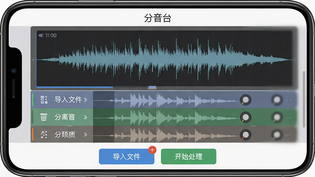 一张展示音频分离软件界面的手机屏幕截图,画面中央是分音台应用的主操作界面,上方显示软件名称“分音台”,中间是音频波形图与分离轨道选项,下方是导入文件与开始处理按钮,整体布局清晰简洁,风格为现代扁平化设计,细节包含波形线条、轨道标签、操作按钮,画质清晰干净,无多余元素