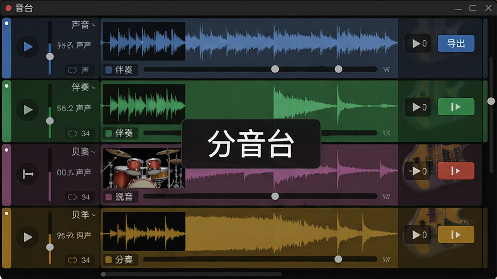 分音台软件界面中展示多轨道分离结果,屏幕上排列着人声、伴奏、鼓点、贝斯四个轨道条,每个轨道配有独立的播放与导出按钮,背景为深色专业音频风格,画面中央有“分音台”文字标识,布局规整,风格科技感,细节包含波形缩略图与轨道名称,画质清晰,干净无多余元素