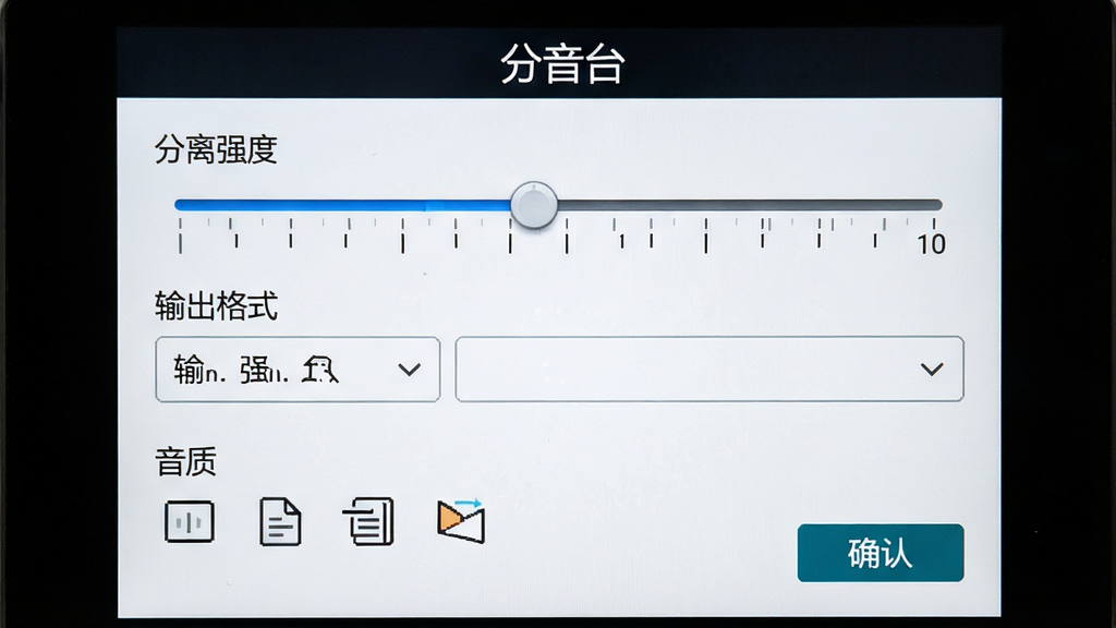 分音台参数设置页面,屏幕中显示分离强度滑块、输出格式选择菜单与音质选项,界面风格简洁实用,顶部有“分音台”名称,布局为纵向排列的设置项,细节包含滑块刻度、格式图标与确认按钮,画质清晰,干净无杂乱元素