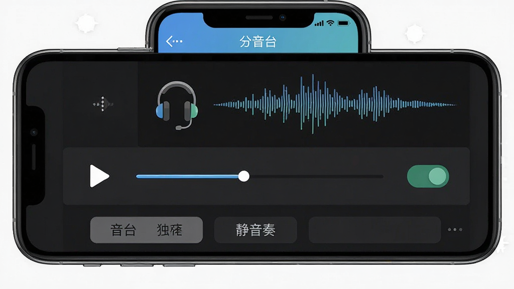 分音台应用内试听界面,手机屏幕显示音频播放控制条与轨道静音独奏开关,画面中有耳机图标与波形动态效果,软件名称“分音台”出现在顶部标题栏,整体风格清爽直观,布局为上下结构,细节包含播放按钮、进度条、轨道切换标签,画质干净清晰,无多余装饰
