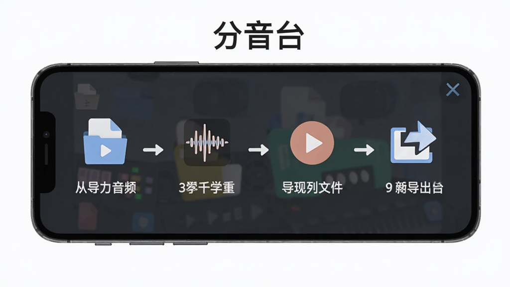 分音台新手操作流程图,画面以手机屏幕形式展示从导入音频到导出文件的四个步骤,每个步骤配有小图标与简短文字说明,软件名称“分音台”出现在流程图顶部,风格为扁平化信息图,布局横向排列,细节包含文件图标、波形图标、播放按钮与导出箭头,画质清晰干净,无多余元素