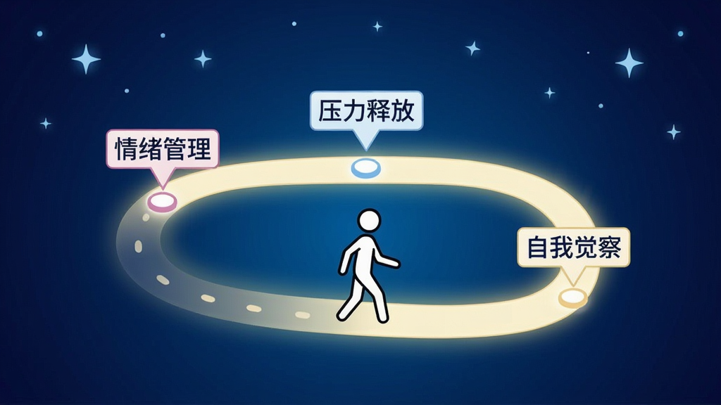 一幅信息图风格插画,画面中央是一个发光的路径地图,路径上分布着标有“情绪管理”“压力释放”“自我觉察”等字样的小站点,一位简笔小人正沿着路径前行,背景为深蓝渐变夜空与点点星光,风格现代简洁,画质高清,文字清晰