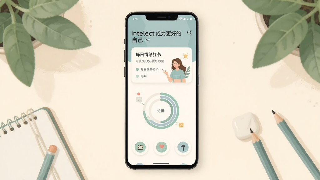 一部竖屏安卓手机居中放置在浅米色背景上,屏幕内显示名为“Intellect成为更好的自己”的应用主界面,界面包含每日情绪打卡卡片、进度环形图与温和的插画风格图标,手机四周散落着柔和的绿植叶片与笔记本、铅笔等小物件,整体采用扁平插画风格,配色以暖白、浅绿与雾蓝为主,画面干净整洁,无多余文字,高清画质