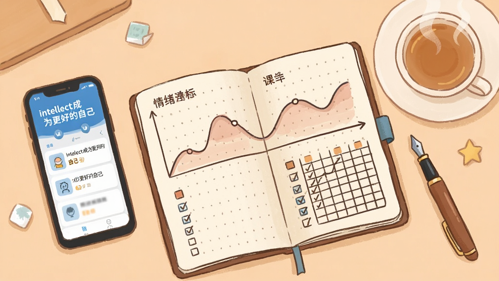 一张俯视角度的桌面场景插画,桌面上摊开一本手账,手账页面画着情绪曲线与打卡格子,旁边放着一部显示“Intellect成为更好的自己”课程列表界面的手机,还有一杯热茶与一支钢笔,风格为温暖的手绘扁平风,色调柔和,画质干净清晰