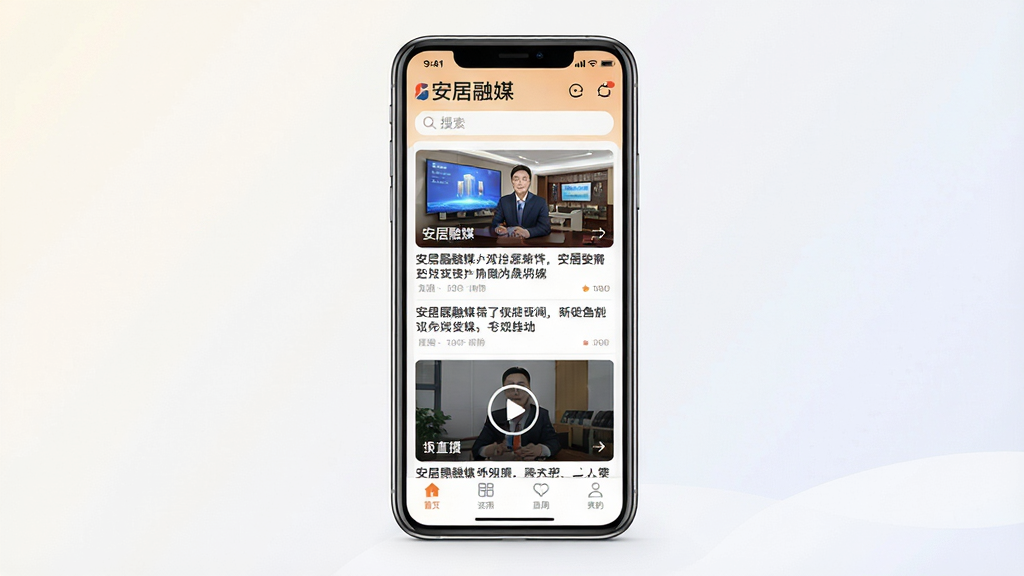 安居融媒手机应用主界面展示,画面中央是一部竖屏智能手机,屏幕上显示安居融媒APP首页新闻列表界面,顶部有“安居融媒”文字标识和搜索栏,中部为图文新闻卡片和视频直播入口,底部为导航栏,背景为简洁的浅色渐变,风格现代清爽,细节清晰,画质干净,无多余元素