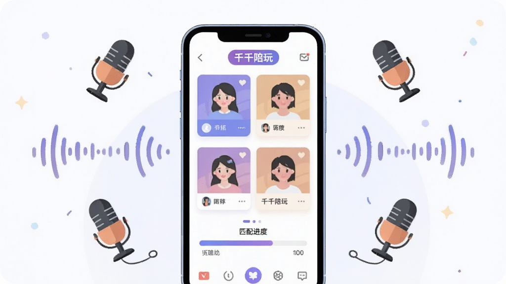 一张表现千千陪玩语音房间匹配功能的场景图,画面主体为一部手机,屏幕中显示多个语音房间卡片与匹配进度条,周围漂浮麦克风与声波图形,布局居中对称,风格扁平插画,细节包含“千千陪玩”字样标签,画质清晰干净,无多余元素