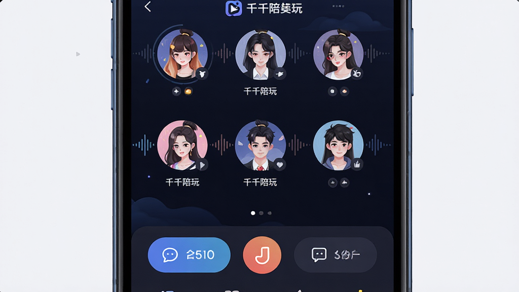 一张展示千千陪玩多人语音连麦房间界面的示意图,画面为手机屏幕特写,屏幕内呈现麦位圆形头像排列、下方互动按钮栏,背景为深色夜间模式,风格科技感插画,细节包含声波纹理与“千千陪玩”标识,画质清晰干净,无多余元素