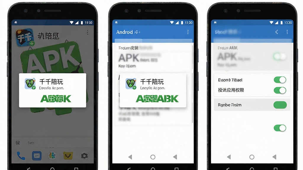 一张展示安卓手机安装APK并设置应用权限的操作示意图,画面为手机屏幕分步截图排列,包含安装确认弹窗与权限开关界面,布局为纵向三步流程,风格简洁扁平,细节包含“千千陪玩”安装界面元素,画质清晰干净,无多余元素