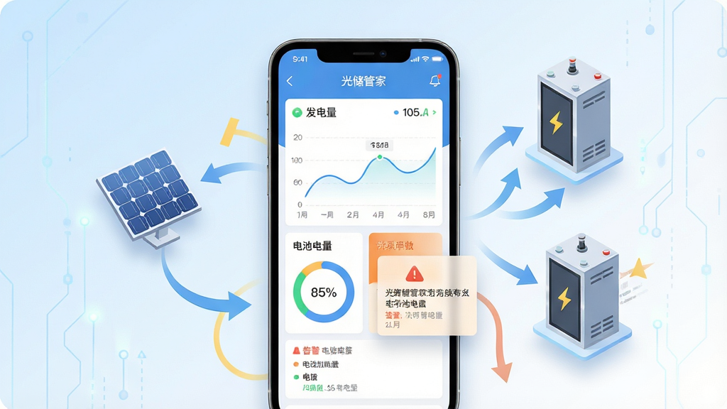 一张展示光储管家软件核心全貌的场景图,画面中央是一部竖屏智能手机,手机屏幕上显示光储管家APP的首页仪表盘界面,包含发电量曲线图、电池电量圆环和告警提示卡片,手机周围漂浮着光伏板、储能电池柜和能量流动箭头等扁平化图标,背景为浅蓝到白色的渐变科技风格,布局简洁居中,排版突出手机主体,风格为现代扁平化UI插画,细节包括清晰的数字标签和柔和的阴影,画质高清,画面干净,无多余元素
