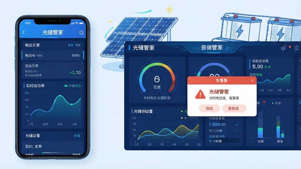 光储管家实时电站监控功能展示图,画面左侧为一部手机显示电站列表与实时功率曲线,右侧为放大的数据仪表盘和告警弹窗,背景有光伏板与储能电池的简笔轮廓,布局左右分栏,排版清晰,风格为科技蓝扁平插画,细节包含“光储管家”文字标识和动态数据线条,画质高清,画面干净,无多余元素