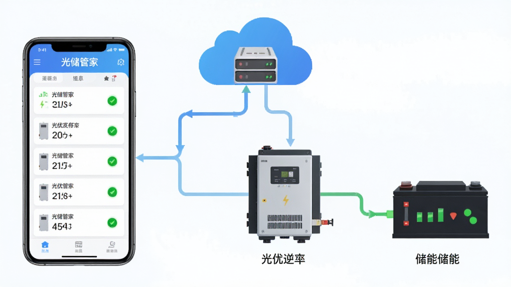 光储管家设备远程运维场景图,画面展示一部手机连接云端服务器再连接到光伏逆变器和储能电池的拓扑示意图,手机屏幕显示设备状态列表,布局为从左到右的流程式构图,排版突出连接关系,风格为科技感扁平信息图,细节包含“光储管家”标识和绿色正常状态指示灯,画质高清,画面干净,无多余元素