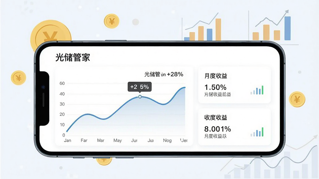 光储管家收益报表分析功能展示图,画面为一部手机横屏显示收益趋势折线图与月度收益汇总卡片,背景有金币与图表符号的轻量装饰,布局横向展开,排版以数据图表为主视觉,风格为简约商务扁平插画,细节包含“光储管家”文字和百分比数字标签,画质高清,画面干净,无多余元素