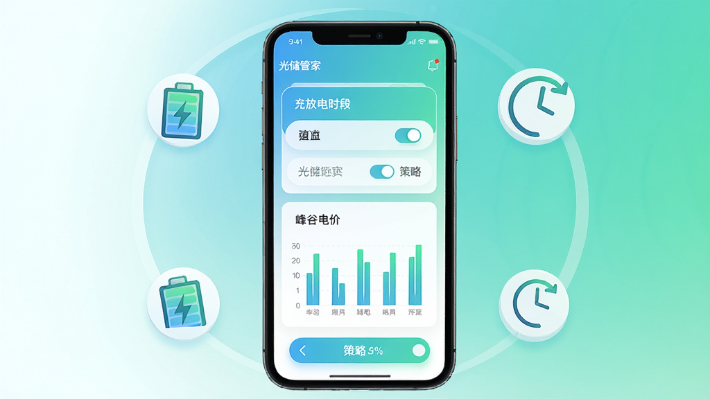 光储管家储能策略管理界面示意图,画面中央为手机屏幕展示充放电时段设置面板与峰谷电价柱状图,屏幕旁有电池图标和时钟图标围绕,布局居中对称,排版突出策略配置卡片,风格为清新蓝绿渐变扁平风,细节包含“光储管家”小字标识和策略开关按钮,画质高清,画面干净,无多余元素