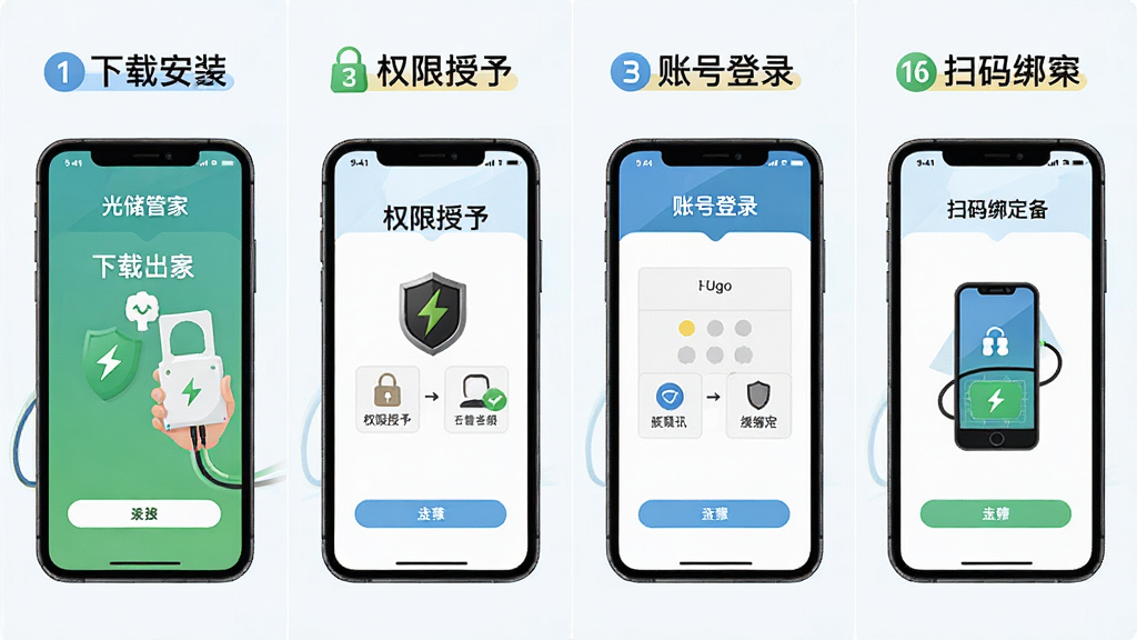 光储管家新手安装与绑定流程示意图,画面以手机屏幕分步展示下载安装、权限授予、账号登录、扫码绑定设备四个步骤,布局为四格横向排列,排版每格配有简短文字标签,风格为清爽扁平教程插画,细节包含“光储管家”文字标识和步骤序号,画质高清,画面干净,无多余元素
