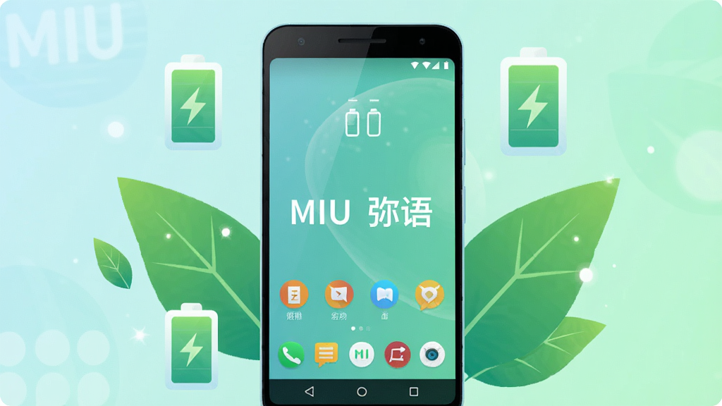 一张表现手机应用轻量省电概念的示意图,主体为一部安卓手机与环绕的绿色叶片和电池图标,布局为手机居中、元素环绕四周,风格为简约科技插画,细节包含“MIU 弥语”文字标识与柔和的蓝绿渐变背景,画质干净明亮无多余装饰
