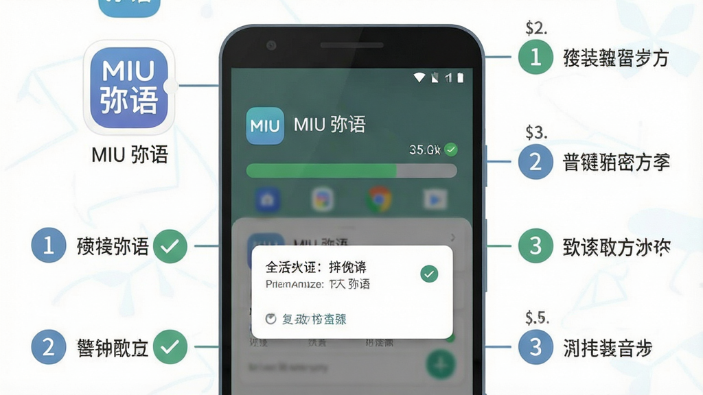 一张安卓手机安装应用过程的步骤示意图,主体为手机屏幕显示安装进度条与权限弹窗,布局为手机居中、步骤编号环绕,风格为扁平化教程插画,细节包含“MIU 弥语”应用图标与勾选标记,画质清晰干净无杂乱背景