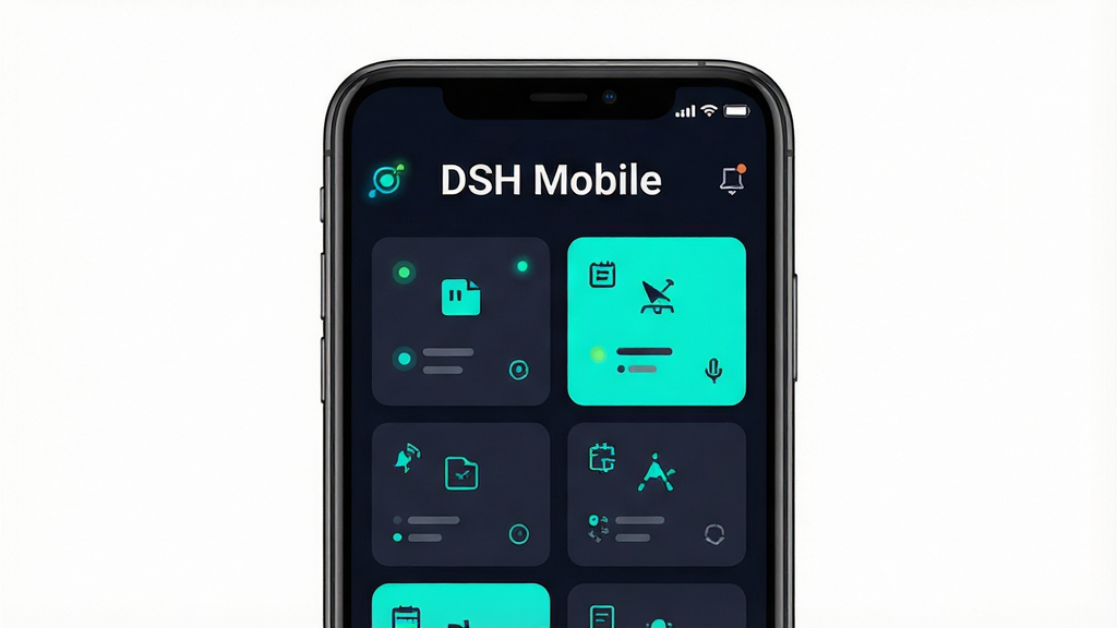 һ��չʾ DSH Mobile ������������ֻ���Ļ��Ⱦͼ������Ϊ���з��õ������ֻ�����Ļ����ʾ��Ƭʽ���������״ָ̬ʾͼ�꣬�������ֻ�ռ�ݻ������롢�������׸ɾ����Ű�������½ṹ�Ϸ�Ϊ�������������·�Ϊ�ֻ����棬���Ϊ��ƽ���Ƽ���UI��ƣ�ϸ�ڰ�����ɫ�������޺�����ɫ��׺��Բ��״ָ̬ʾ������ͼ�꣬���ʸ���ɾ��޶���Ԫ��