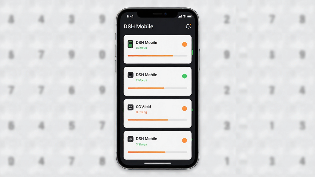 һ��չʾ DSH Mobile ����״̬�Ǳ��̽�����ֻ���ͼ�����Ⱦͼ������Ϊ�ֻ���Ļ�ڶ��״̬��Ƭ�������У��������ֻ����С���Ƭ����ѵ����Ű����������Ϣ���֣����Ϊ�ִ���ɫUI��ƣ�ϸ�ڰ�����ɫ���ɫ״̬Բ�㡢����������ͼ�꣬���ʸ���ɾ��޶���Ԫ��