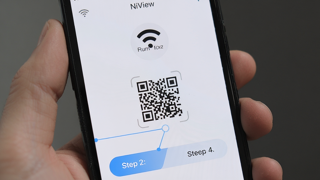 �ֻ���Ļ����ʾNiViewӦ��������������ͷ������ҳ�棬ҳ������WiFi�ź�ͼ�ꡢ�豸��ά��Ͳ�����ʾ��������Ϊǳɫ����񣬻�������ͻ���ֻ�������ͷ֮�������ʾ���������������������ʸ��壬�ɾ��޶���Ԫ��