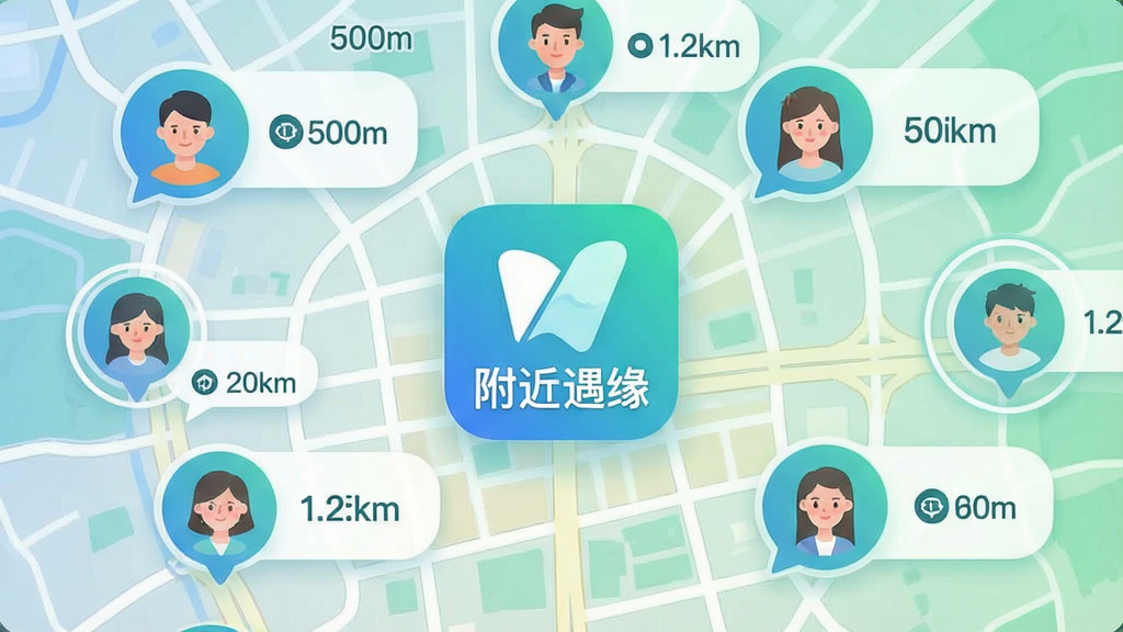 一张以城市地图为底纹的界面截图风格插画,地图上分布多个圆形头像气泡,气泡旁标注“500m”“1.2km”等距离字样,中心位置有“附近遇缘”应用图标,风格简洁明快,色彩以蓝绿渐变为主,画质干净清晰