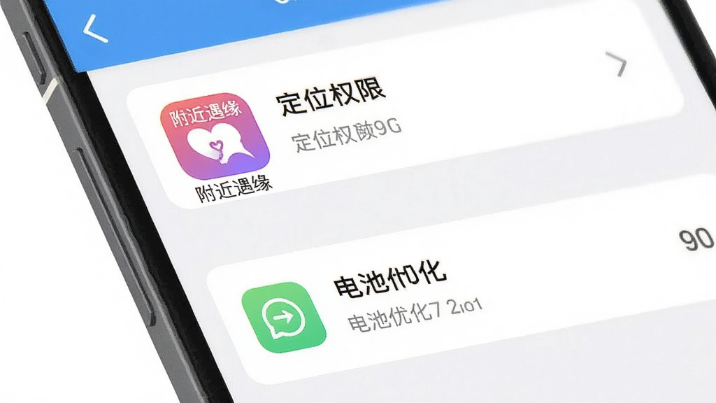 手机设置界面示意图,展示定位权限与电池优化选项,界面中标注“附近遇缘”应用图标,风格扁平化,配色清爽,画质干净无杂乱元素