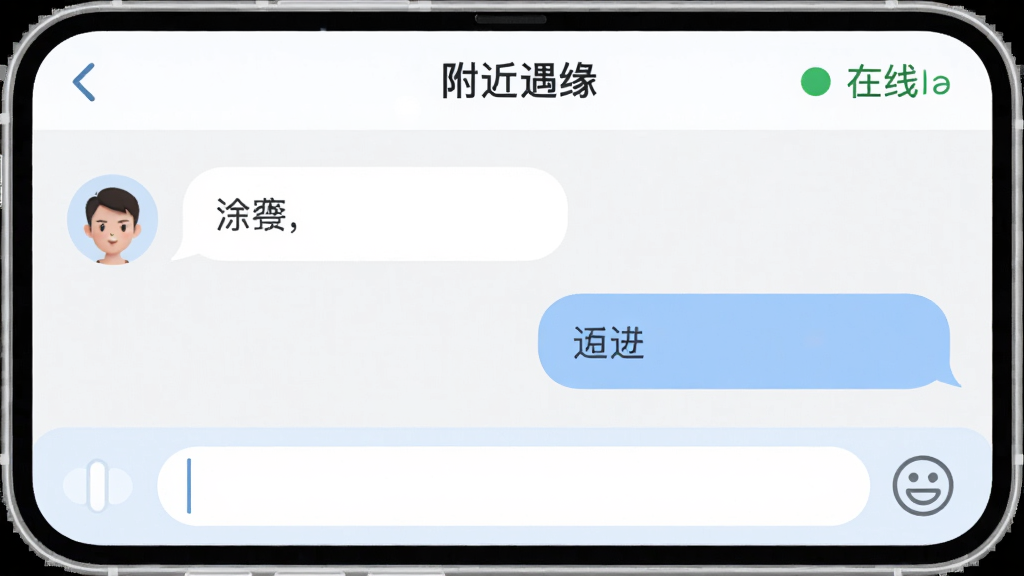 聊天界面特写,左侧为用户头像与消息气泡,右侧为对方回复气泡,界面顶部显示“附近遇缘”字样与在线状态,底部输入框带表情图标,整体风格柔和圆角,配色以白色与浅蓝为主,画质清晰干净