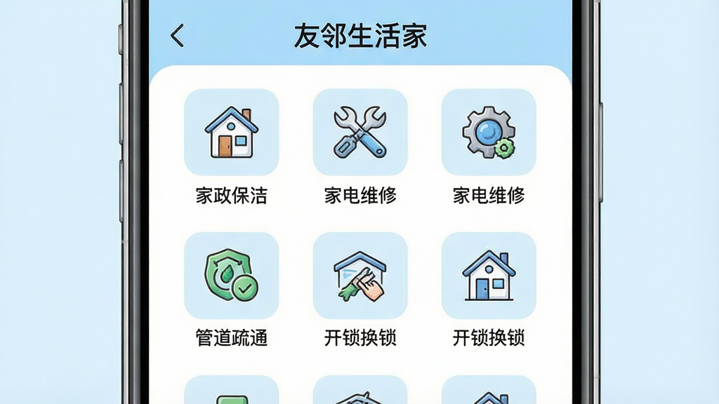 һ��չʾ����������ҡ�Ӧ�÷������ҳ��Ľ����ͼ���廭����������Ϊ�ֻ���Ļ����Ļ�����������ż������ࡢ�ҵ�ά�ޡ��ܵ���ͨ�����������ȷ���ͼ�꣬ÿ��ͼ���·���������˵�������ֲ��þ��ж��������״�Ű档���Ϊ�ִ�UI��Ʒ�񣬽���ɾ���ˬ����ɫ�԰�ɫ��ǳ��ɫΪ����ϸ�ڰ���ͼ��ľ��»��ƺ����������ı�ǩ�����ʸ��壬����ɾ����࣬�޶���װ��Ԫ�ء�