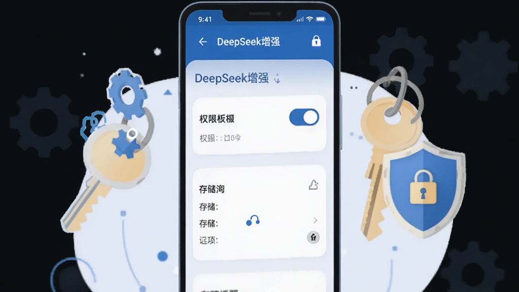 ����Ϊһ����׿�ֻ���Ļ��ʾDeepSeek��ǿ�����ý��棬����Ȩ�޿�����洢ѡ��Ա߷���һ��Կ�������ͼ��������ȫ���ã�����Ϊ���й�ͼ�����Ϊ��ƽ���Ƽ��廭�磬ϸ�ڰ�������������ͼ�꣬���ʸɾ��������޶���Ԫ�أ�ͼƬ�����ֱ�ע��DeepSeek��ǿ��