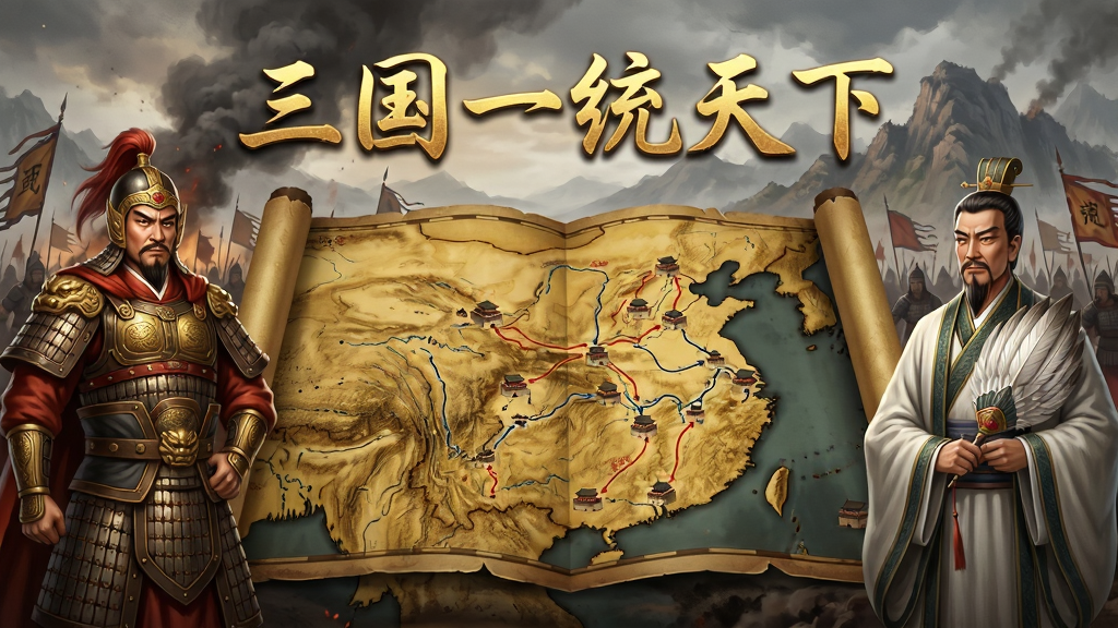 画面中央是一张展开的三国古地图,地图上分布着多座城池与行军路线,地图上方悬浮着