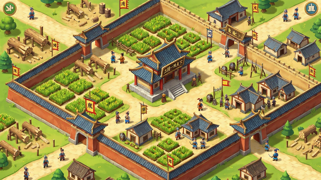 画面展示一座繁荣的三国城池俯瞰图,城内农田、伐木场、兵营、民居错落有致,街道上有百姓与士兵走动,城池中央的府衙上方悬挂
