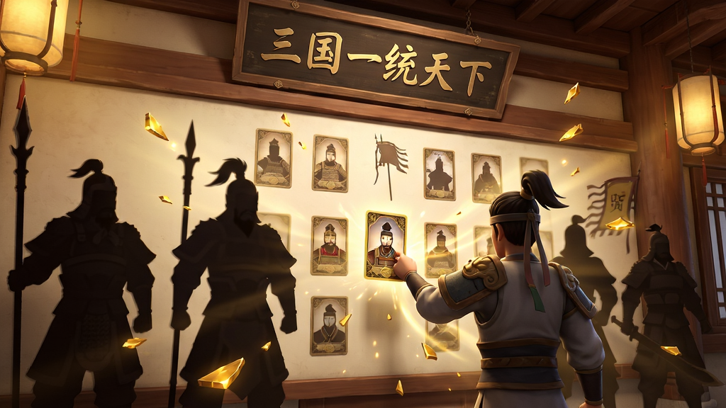 画面展示一座古色古香的招贤馆内部,中央是一面巨大的武将名录墙,墙上悬挂着