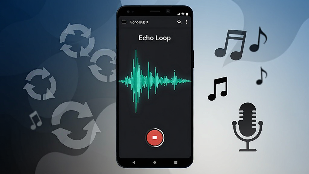 ����������һ��������׿�ֻ�����Ļ��ʾ��ɫ�������Ƶѭ��Ӧ�á�Echo Loop�����������߳�����ɫ������¼����ťΪ��Ŀ��Բ�κ�ɫ���ֻ����Ư���ż�����͸����ѭ����ͷͼ�꣬�Ҳ�ɢ������������˷��Ӱ������Ϊ������ī�ڵĽ��䣬������ñ�ƽ���Ƽ��廭���ϸ�ڸɾ����䣬�����������޶���Ԫ��
