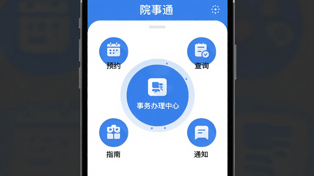 һ����ΪԺ��ͨ���ֻ�Ӧ�ý��棬����������һ��Բ�ε������������ģ�飬��Χ������ԤԼ����ѯ��֪ͨ��ָ�ϵȹ���ͼ�꣬������ɫ����ƽ�廭��񣬱����ɾ����ף������������޶���װ��Ԫ��