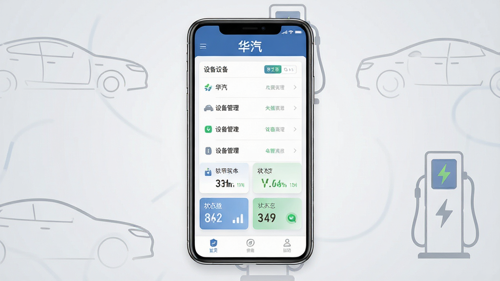 一张展示“华汽”软件主界面的手机应用截图,画面中央为手机屏幕,屏幕内显示简洁的设备管理列表与状态卡片,顶部有“华汽”字样标识,背景为浅灰色渐变,周围点缀汽车轮廓线条与新能源充电桩图标,整体风格清爽现代,布局居中对称,细节干净,画质清晰,无多余元素