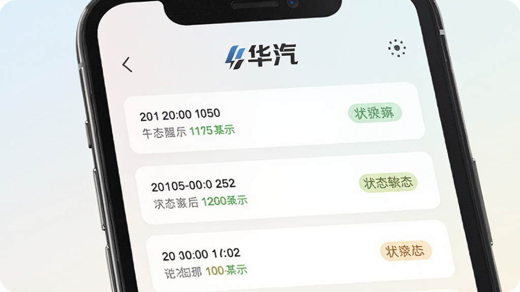 一张“华汽”软件处理记录页面的界面示意图,画面为手机屏幕中按时间排列的处理记录列表,每条记录带有时间戳与状态标记,屏幕顶部显示“华汽”标识,背景为柔和浅色渐变,布局居中,风格清新简约,细节干净,画质清晰,无多余元素