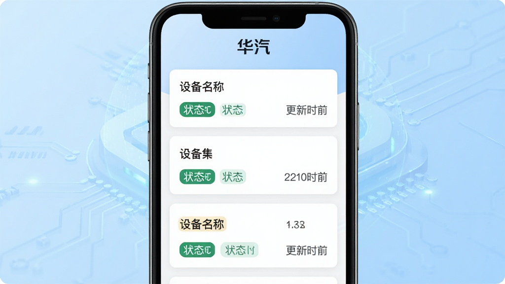 一张“华汽”软件设备信息页面的界面展示图,画面主体为手机屏幕中的设备信息卡片列表,每张卡片包含设备名称、状态标签与更新时间,屏幕上方有“华汽”文字标识,背景为淡蓝色科技感渐变,布局为居中竖向排列,风格简洁商务,细节清晰,画质干净,无多余装饰元素