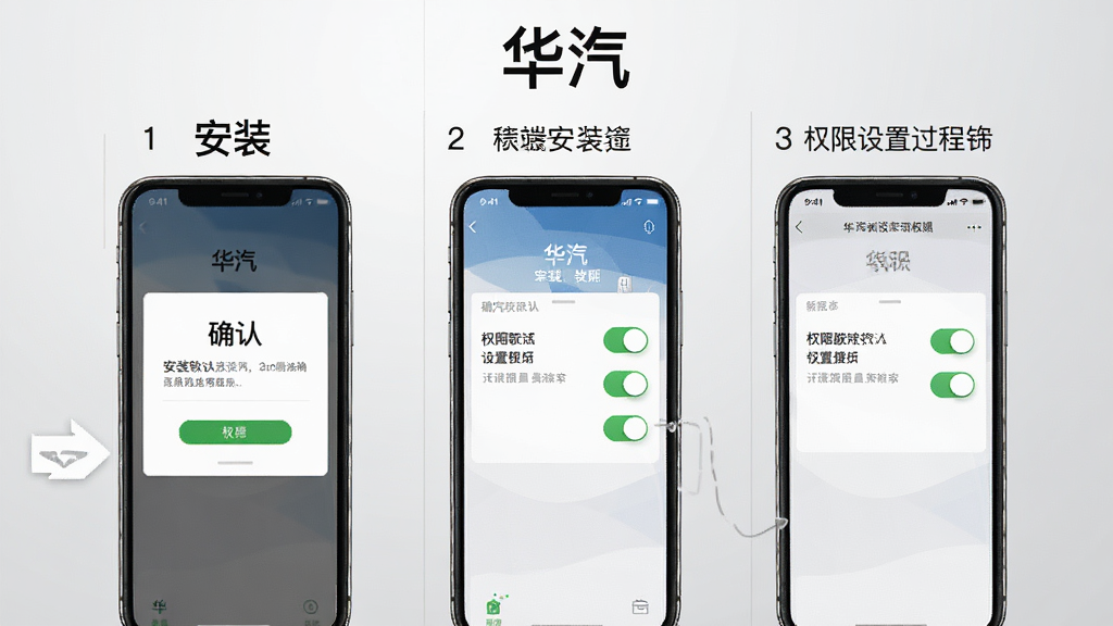 一张展示“华汽”软件在手机端安装与权限设置过程的示意图,画面为手机屏幕分步展示安装确认页与权限开关界面,屏幕上方有“华汽”文字标识,背景为浅灰渐变,布局居中分栏,风格清爽直观,细节清晰,画质干净,无多余元素